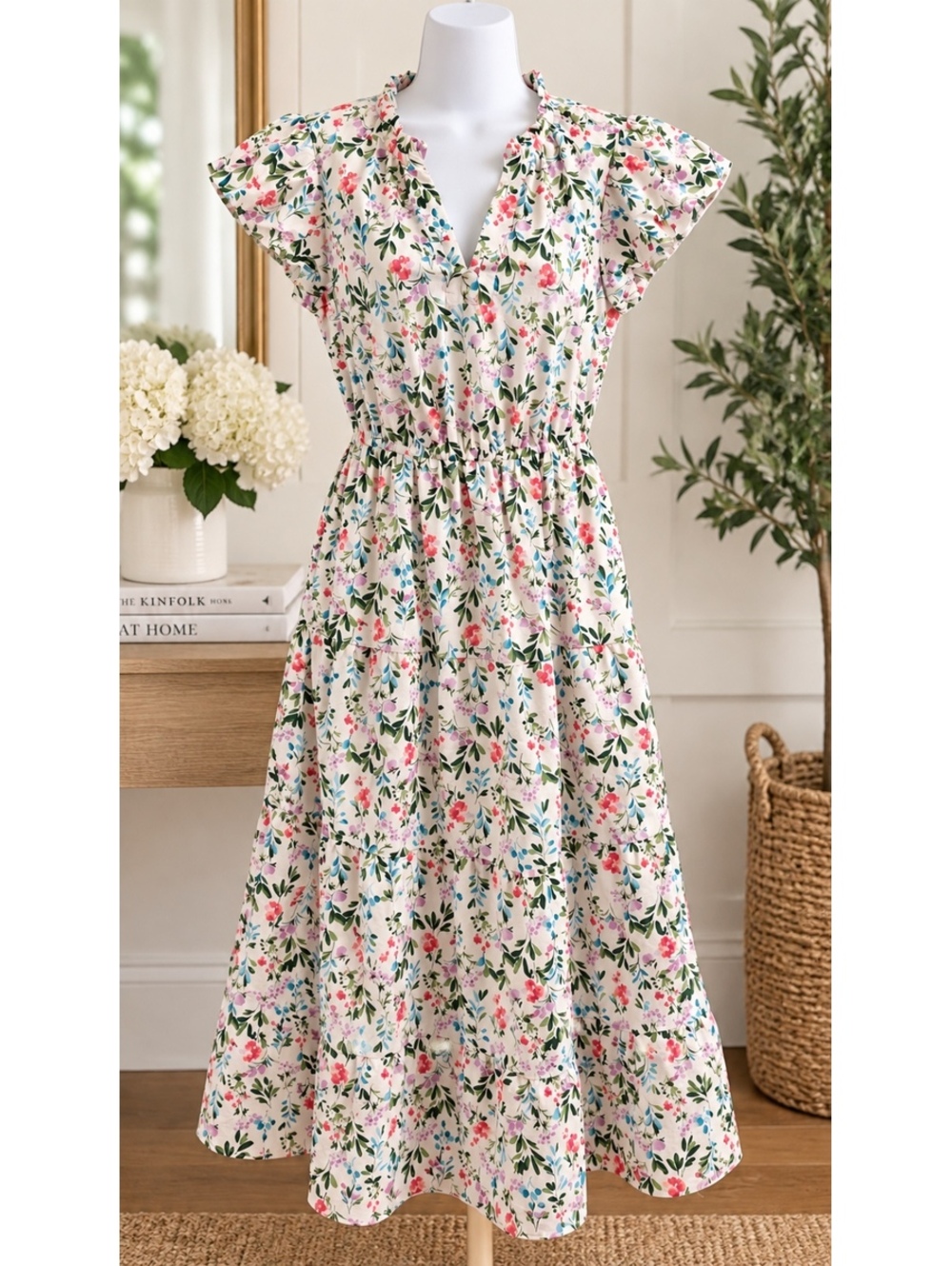 JCREW Regenerative Cotton Blend Floral Midi Dress with Ruffled Sleeves